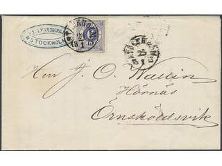 Sweden. Facit 20b on cover, 6 öre ultramarine-violet on yellowish paper on printed …