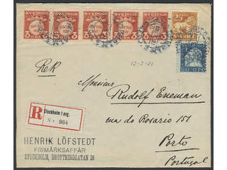 Sweden. Facit 139, 147, 152A cover , 5x3+20+25 öre on registered cover front sent from …