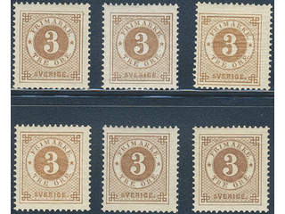 Sweden. Facit 41 ★★, 3 öre brown. Six fresh mnh copies. SEK 2100