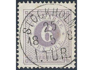Sweden. Facit 31e used , 6 öre greyish lilac. Superb cancellation STOCKHOLM 1.TUR …