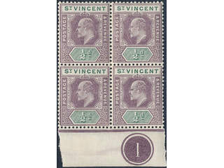Saint Vincent. Michel 53 ★★, 1902 King Edward VII 1/2 penny lilac/green in block of four …