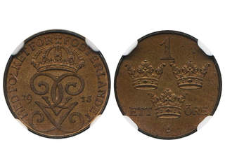 Coins, Sweden. Gustav V, MIS I.5c, 1 öre 1913. Graded by NGC as MS64 BN. 01/0.