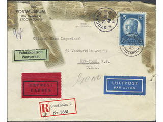Sweden. Facit 210 cover, 5 kr, single usage, on registered special delivery air mail …