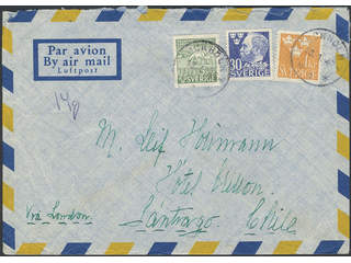 Sweden. Air mail cover Facit 294, 368, 373 , 5+30 öre + 1 kr on air mail cover sent from …