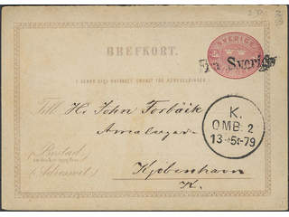 Sweden. Facit bKe2. DENMARK. Danish cancellations FRA SVERIGE and K.OMB 2 13.5.1879 on …