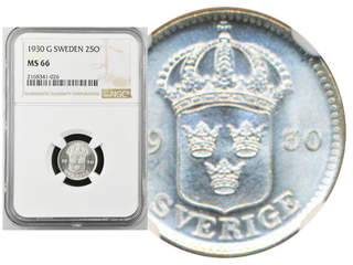 Coins, Sweden. Gustav V, MIS I.11, 25 öre 1930. Graded by NGC as MS66. 0.