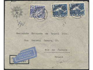 Sweden. Facit 257, 250 cover, 25 öre + 2×1 kr on air mail cover sent from STOCKHOLM 3 …