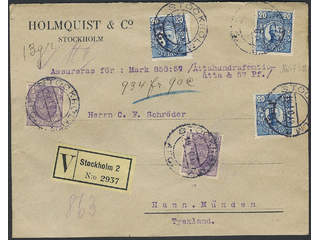 Sweden. Facit 74, 85 cover , 2x4+3x20 öre on insured cover sent from STOCKHOLM 2 …