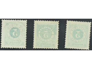 Sweden. Facit 30v2 used , 5 öre green, set-off variety, three copies. One with superb …