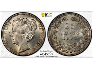 Nederländerna Wilhelmina (1890-1948) 25 cents 1903, UNC PCGS MS64