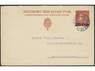 Sweden. Postal stationery, Double postcard, Facit bKd24, Origin part 20/25 öre sent from …