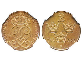 Coins, Sweden. Gustav V, MIS I.32, 2 öre 1950. Graded by NGC as MS64 RB. Unusual to …