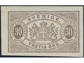 Sweden. Official Facit Tj8v1d ★, 30 öre dark brown, imperf. Superb.