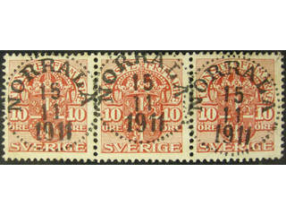 Sweden. Official Facit Tj32 used , 10 öre carmine-red, watermark crownin strip of three. …