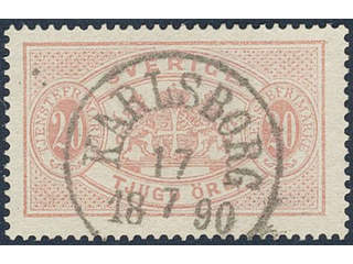 Sweden. Official Facit Tj18 used , 20 öre red, perf 13. EXCELLENT cancellation KARLSBORG …