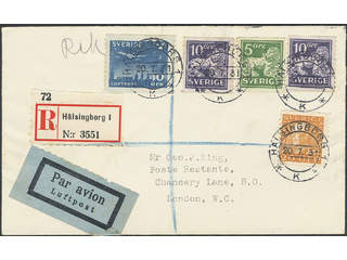 Sweden. Facit 143E, 145A, 181, 231 on cover, 5+3×10+20 öre on beautiful registered air …