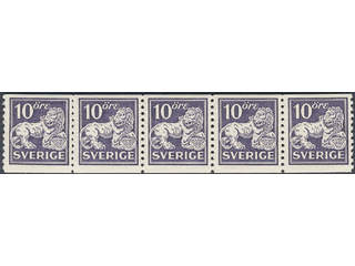 Sweden. Facit 146Ac ★★ , 10 öre blackish-violet, type II, white paper. Nice STRIP OF …