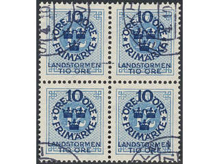 Sweden. Facit 105–14 used , 1916 Landstorm I SET (10). Block of four set. SEK 2800