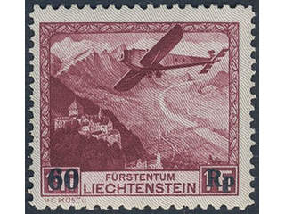 Liechtenstein. Michel 148 ★★, 1935 New value overprint on Air mail 60 Rp on 1 Fr dark …