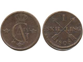 Coins, Sweden. Gustav IV Adolf, SM 48, 1 skilling 1805. 27.62 g. Avesta. 1+.