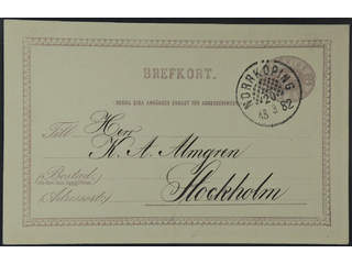 Sweden. Facit bKe2, E county. NORRKÖPING 20.3.1882. Beehive pmk on postcard 6 öre sent …