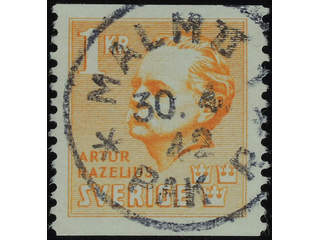 Sweden. Facit 334 used , 1941 Artur Hazelius 1 Kr orange. EXCELLENT cancellation MALMÖ …