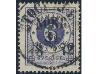 Sweden. Facit 20b used, 6 öre ultramarine-violet on yellowish paper. Superb cancellation …