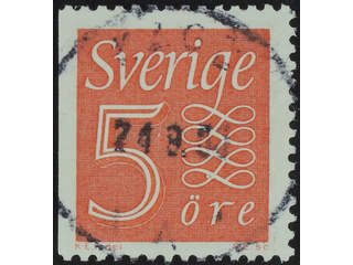 Sweden. Facit 394B1b used , 1961 New Numeral Type, type II 5 öre red, imperf at left. …