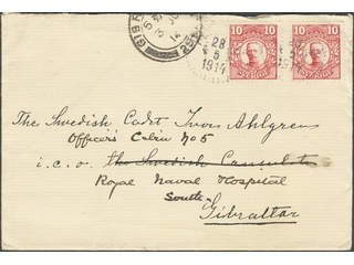 Sweden. Facit 82 on cover, 2×10 öre on cover sent from PLK to GIBRALTAR 2.JU.14. Scarce …
