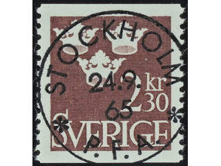 Sweden. Facit 312 used , 1965 Three Crowns 2.30 Kr dark brown. EXCELLENT cancellation …