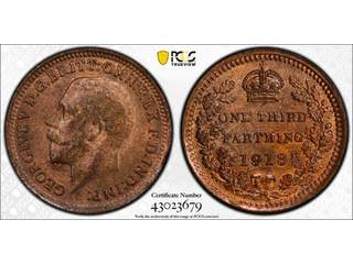 Great Britain George V (1910-1936) 1/3 farthing 1913, UNC, PCGS MS64 RD