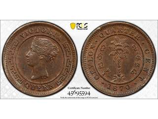 Ceylon Queen Victoria (1837-1901) 1/4 cent 1870, AU/UNC, PCGS MS63BN