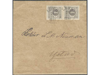 Sweden. Facit 42e cover , 4 öre light grey on yellowish paper in pair on printed matter …