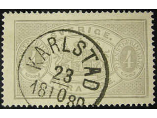Sweden. Official Facit Tj2 used , 4 öre grey, perf 14. Superb cancellation KARLSTAD …