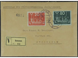 Sweden. Facit 207, 199 cover , 20+80 öre on insured cover sent from SOMMEN 18.12.2x to …