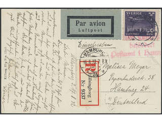 Sweden. Air mail cover Facit 232 , 50 öre, single usage, on registered air mail postcard …