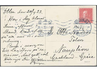 Sweden. Facit 182 on cover, 25 öre on postcard sent from STOCKHOLM 1 20.4.22 to Greece. …