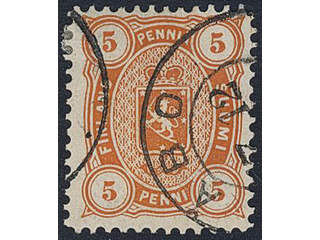 Finland. Facit 13SC2j used , 1881 Coat-of-Arms m/75, Senate printing 5 p orange perf …