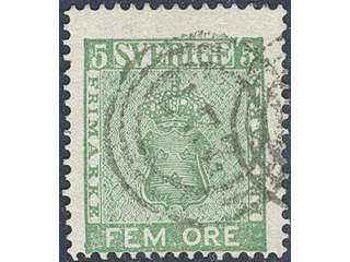 Sweden. Facit 7a1 used , 5 öre dark green. With Danish circle cancel 227.