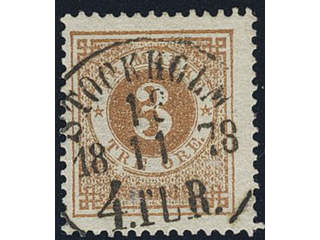 Sweden. Facit 28b used , 3 öre dull orange-brown. EXCELLENT cancellation STOCKHOLM 4.TUR …