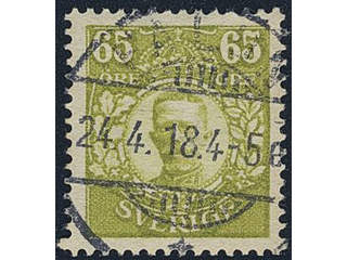 Sweden. Facit 93 used, 65 öre yellow-green. EXCELLENT cancellation FALUN 24.4.18.