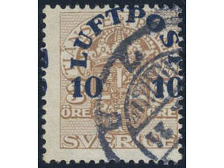 Sweden. Facit 136v3 used, 1920 Air Mail Surcharge 10 öre / 3 öre light brown heavy …