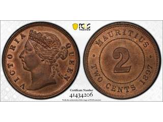 Mauritius Queen Victoria (1837-1901) 2 cents 1897, UNC, PCGS MS64 RB