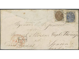 Denmark. Facit 20, 23 cover , 1870 Bi-coloured type perf 14 x 13½ 2+8 skill on cover …