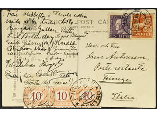 Sweden. Facit 142A, 175A cover , 5+15 öre on postcard sent from LUND 16.10.25 to Italy. …