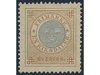 Sweden. Facit 27c (★), 1 Riksdaler yellowish brown/ultramarine. One short perf. Superb …