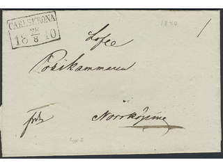Sweden. K county. CARLSKRONA 28.8.1840, rectangular postmark. Type 2 on beautiful cover …