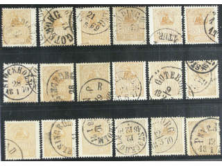 Sweden. Facit 14B used , 3 öre brown, type II, eighteen used copies. Shades, varieties, …