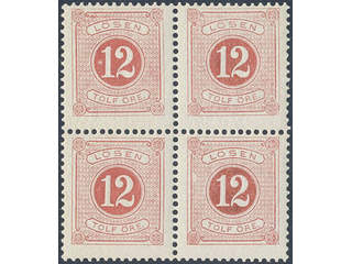 Sweden. Postage due Facit L15d ★★ , 12 öre dark red-red, perf 13 in block of four.