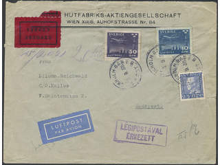 Sweden. Facit 183, 231, 232 cover, 10+25+50 öre on air mail special delivery cover sent …